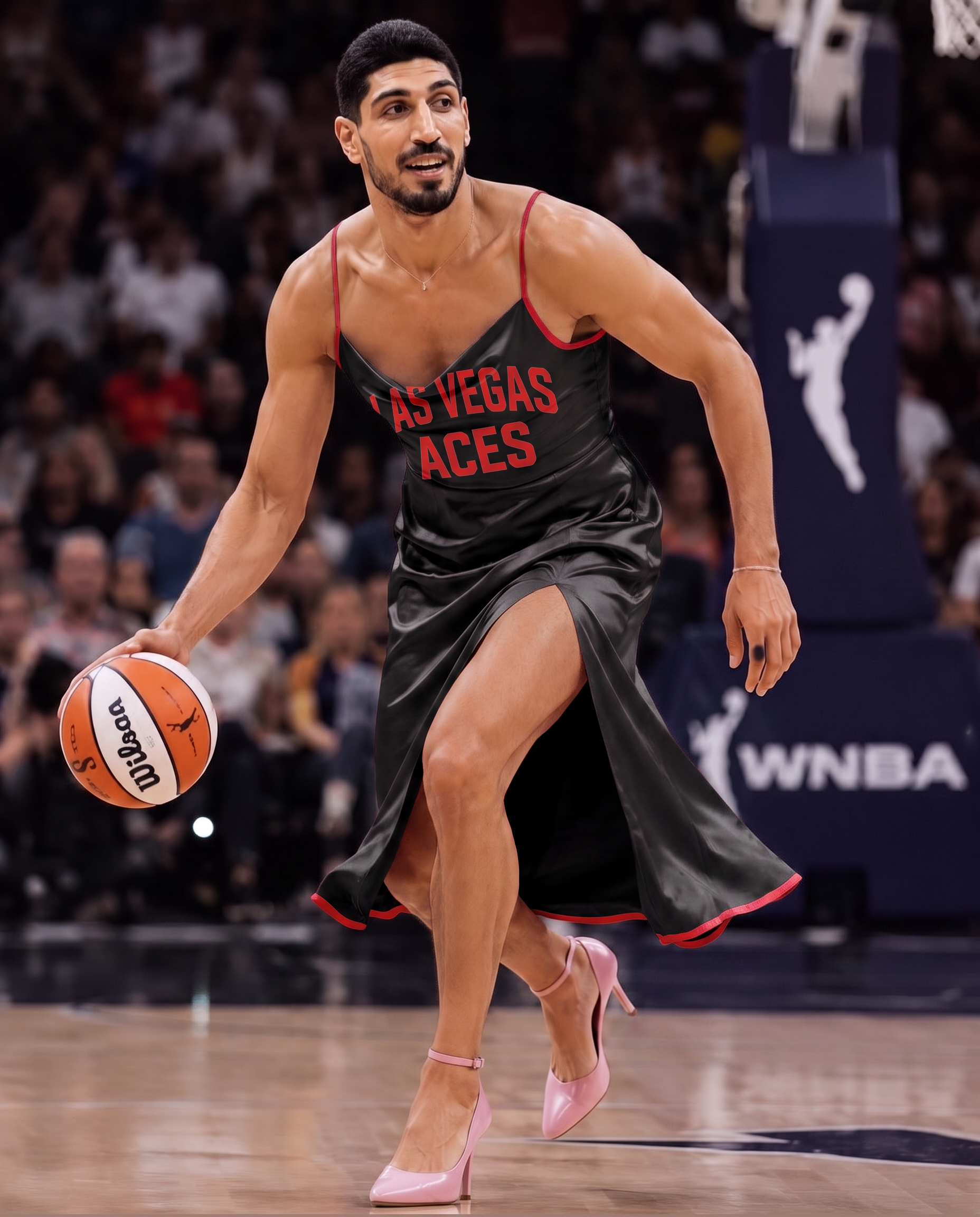 Enes in a Las Vegas Aces colored dress with the team name across the front